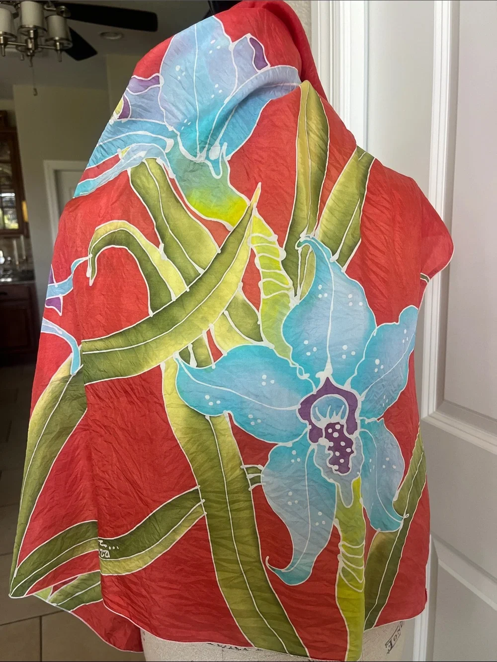 Vintage Faruzzi reddish orange silk blend scarf with flowers 33